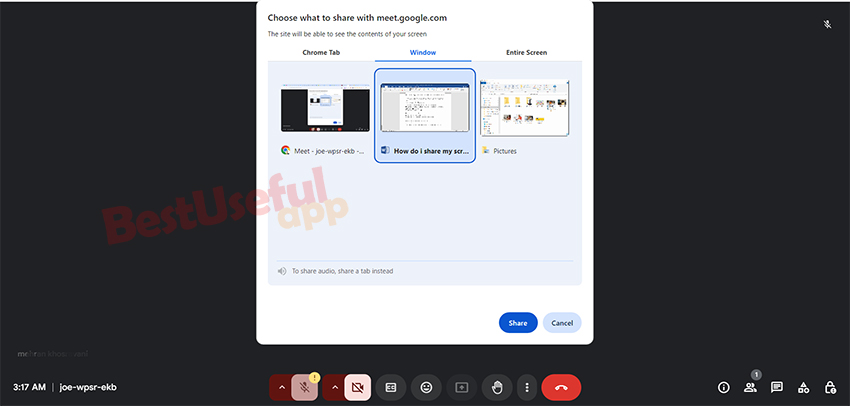 share a window in google meet